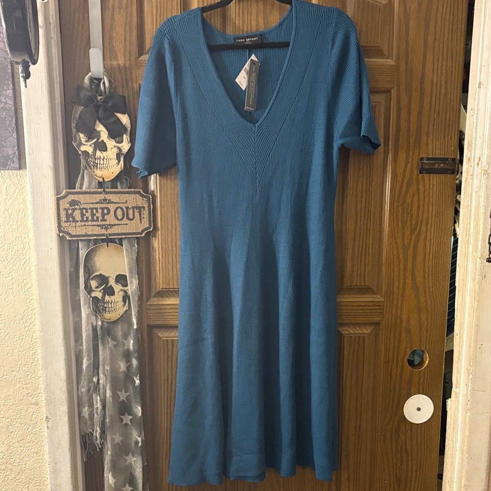 Teal V‑Neck Ribbed Knit Dress - Picture 4 of 7